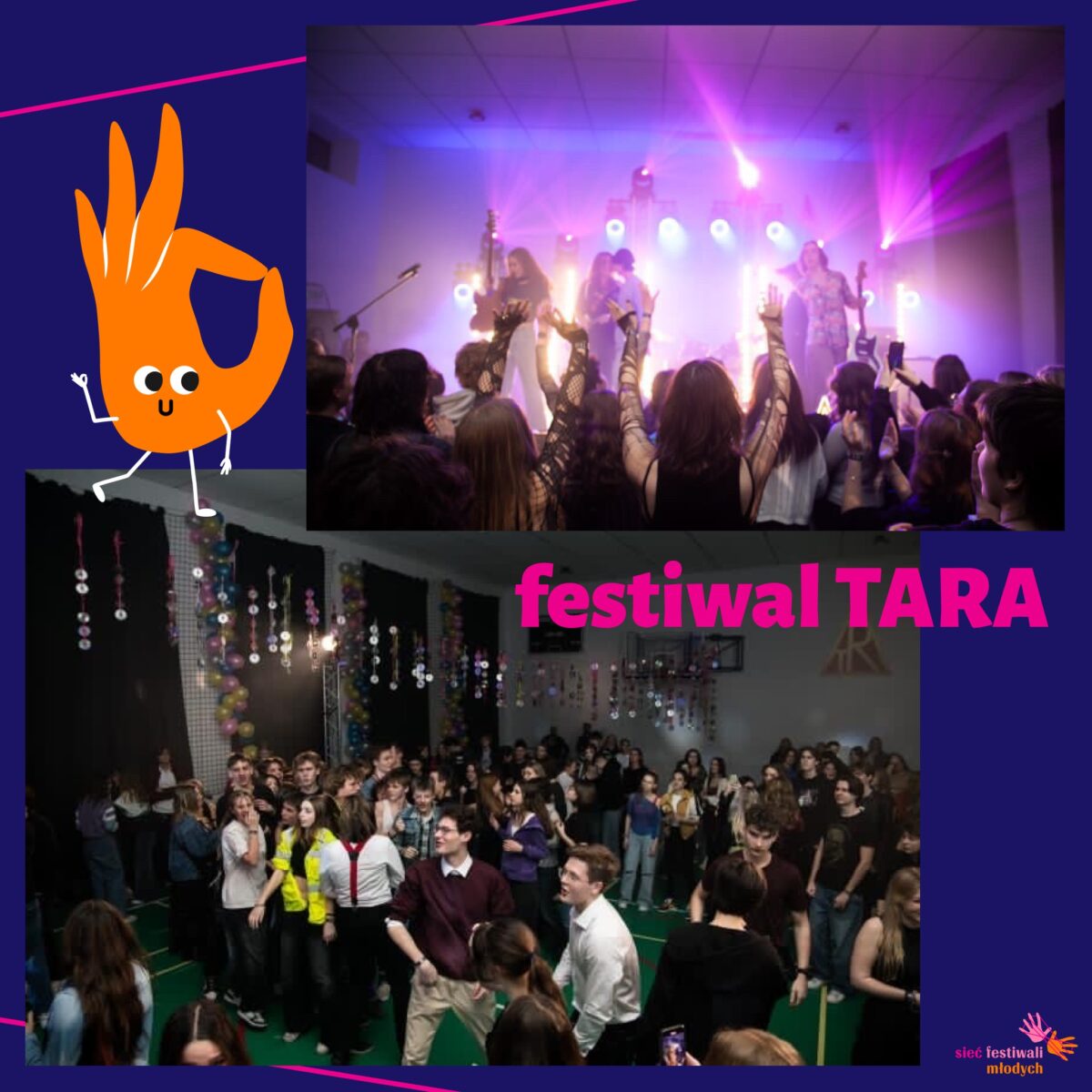 Kolaż dwóch zdjęć, na górnym zespół muzyczny na scenie, na dolnym grupa roześmianej młodzieży w pomieszczeniu. w połowie zdjęcia napis festiwal TARA