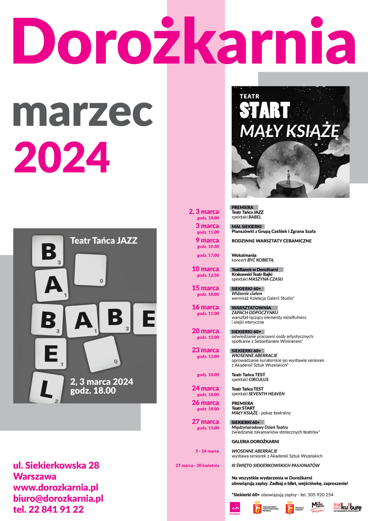 Plakat z repertuarem Domu Kultury Dorożkarnia na marzec 2024