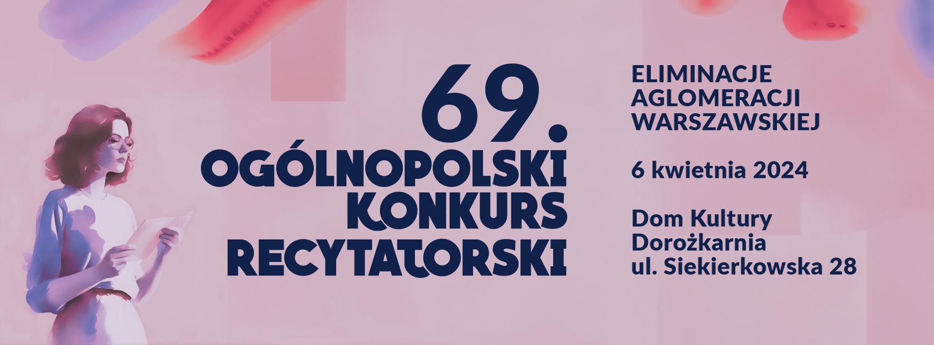 Grafika projektu 60. Ogólnopolski Konkurs Recytatorski - z lewej strony rysunek dziewczyny w okularach z kartką w dłoni, z prawej strony informacje