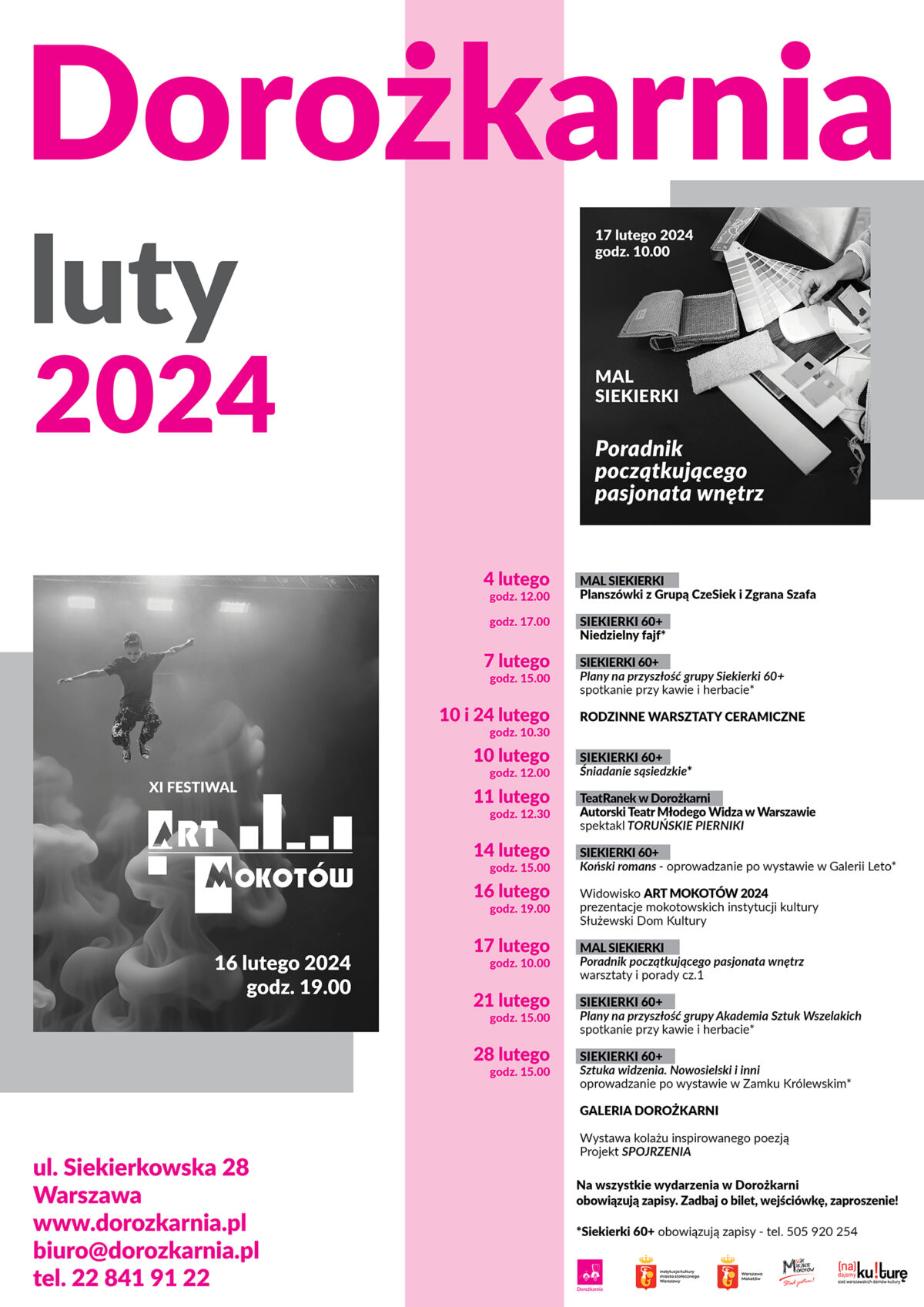 Plakat z repertuarem Domu Kultury Dorożkarrnia na luty 2024, w dolnym pasku logotypy