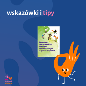 Grafika sieci festiwali młodych - uśmiechnięta dłoń trzymająca w palcach kartkę z napisem