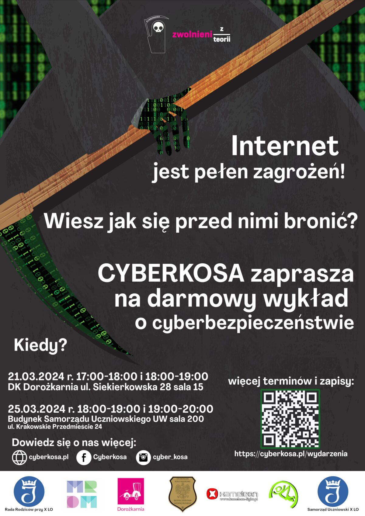 Afisz informacyjny na temat wykładów o bezpieczeństwie w internecie - informacje o terminach i miejscach wykładów