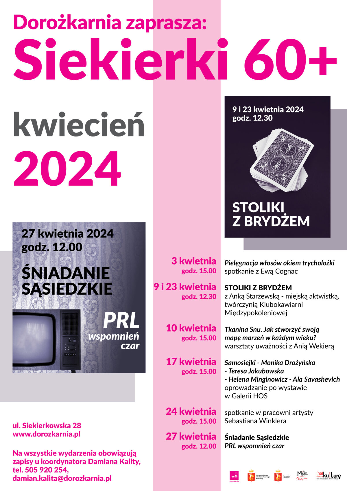 Afisz z informacjami o wydarzeniach dla seniorów w ramach projektu Siekierki 60+ realizowanego w Domu Kultury Dorożkarnia