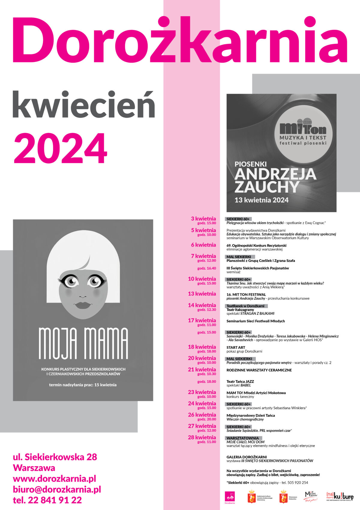 Afisz z repertuarem Domu Kultury Dorożkarnia na kwiecień 2024