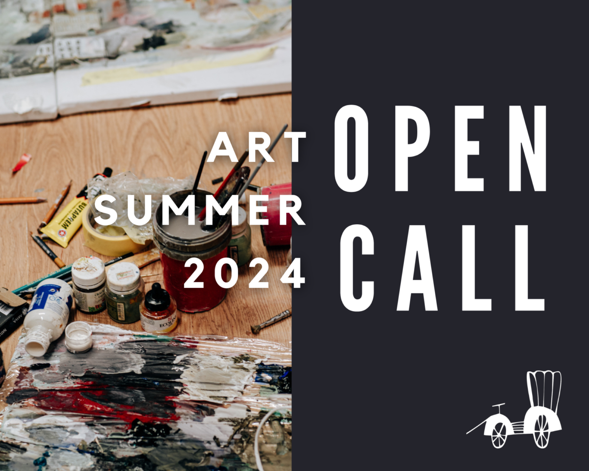 w prawej części grafiki zdjęcie materiałów malarskich oraz napis ART SUMMER 2024 OPEN CALL. W prawym dolnym rogu logotyp Dorożkarni