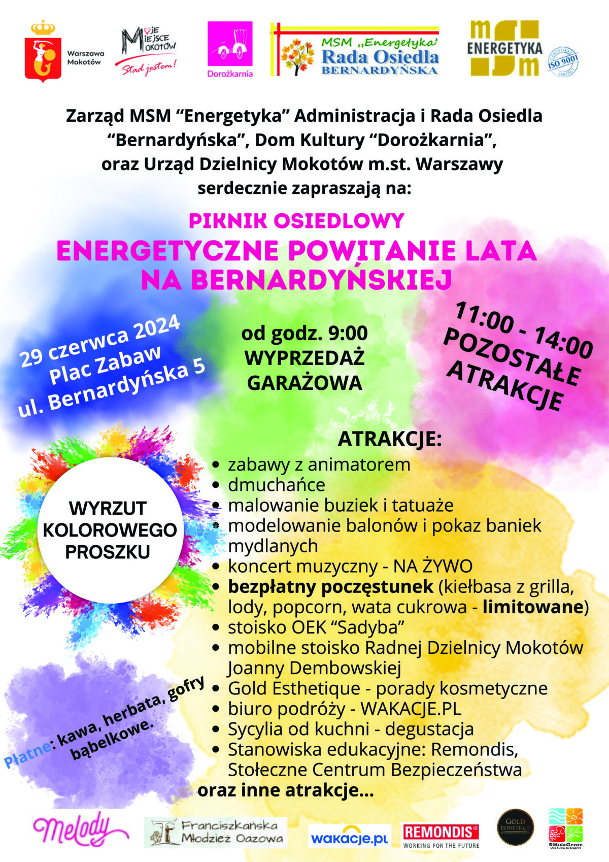 Afisz wydarzenia piknik osiedlowy energetyczne powitanie lata, dużo treści na temat poszczególnych atarkcji