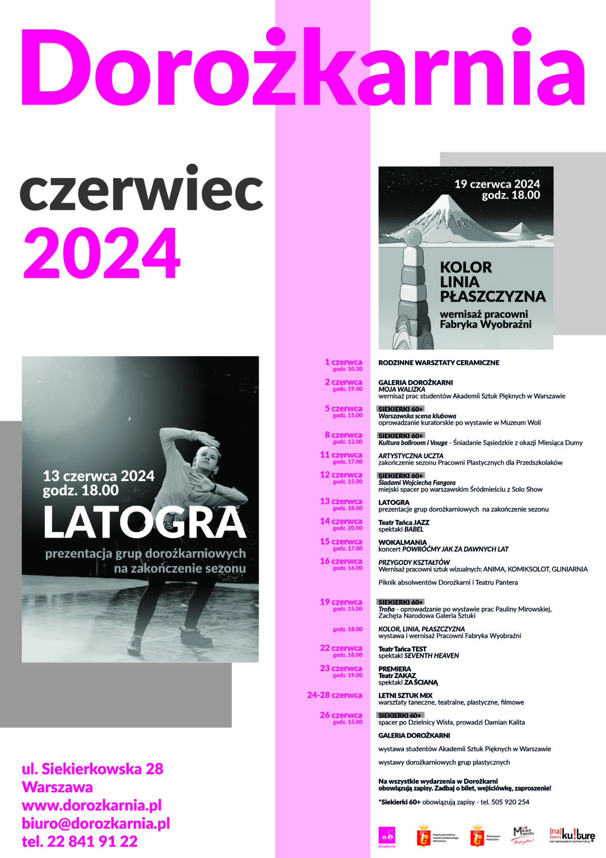 Afisz z repertuarem wydarzeń Domu Kultury Dorożkarnia na czerwiec 2024
