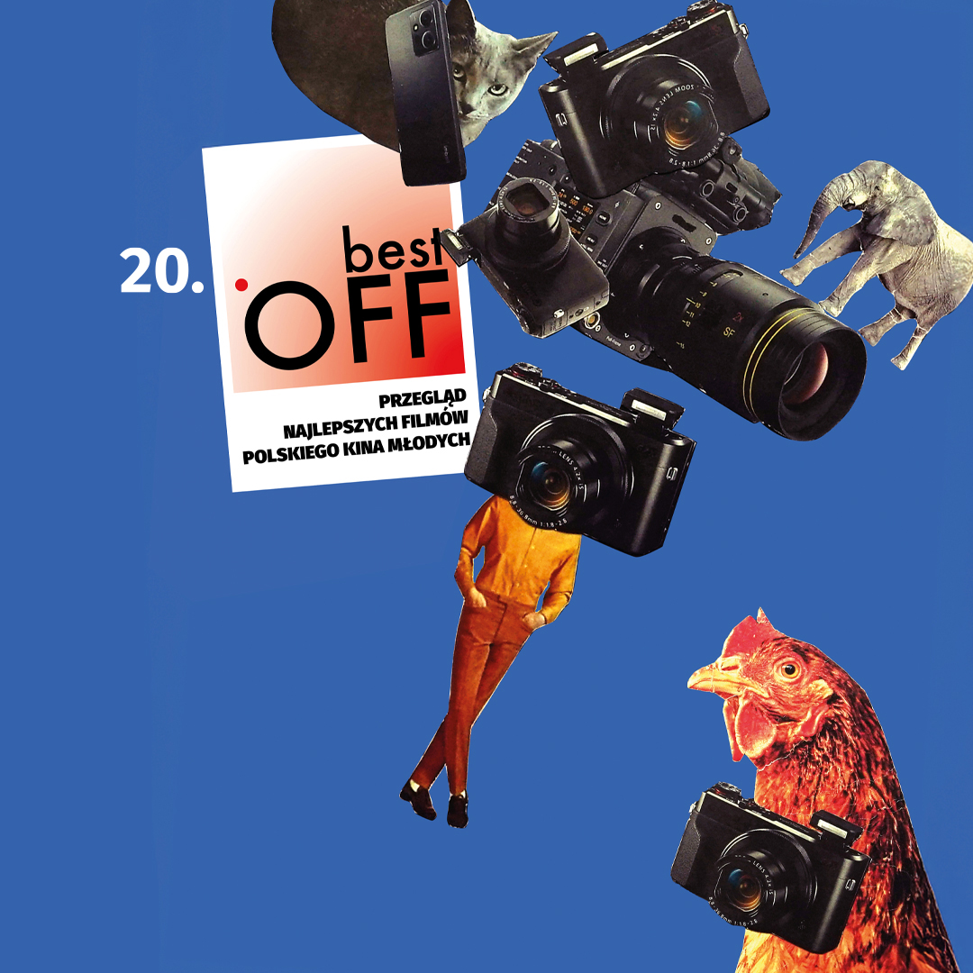 Grafika festiwalu filmowego młodych Best Off - miks postaci, zwierząt i aparatów fotograficznych