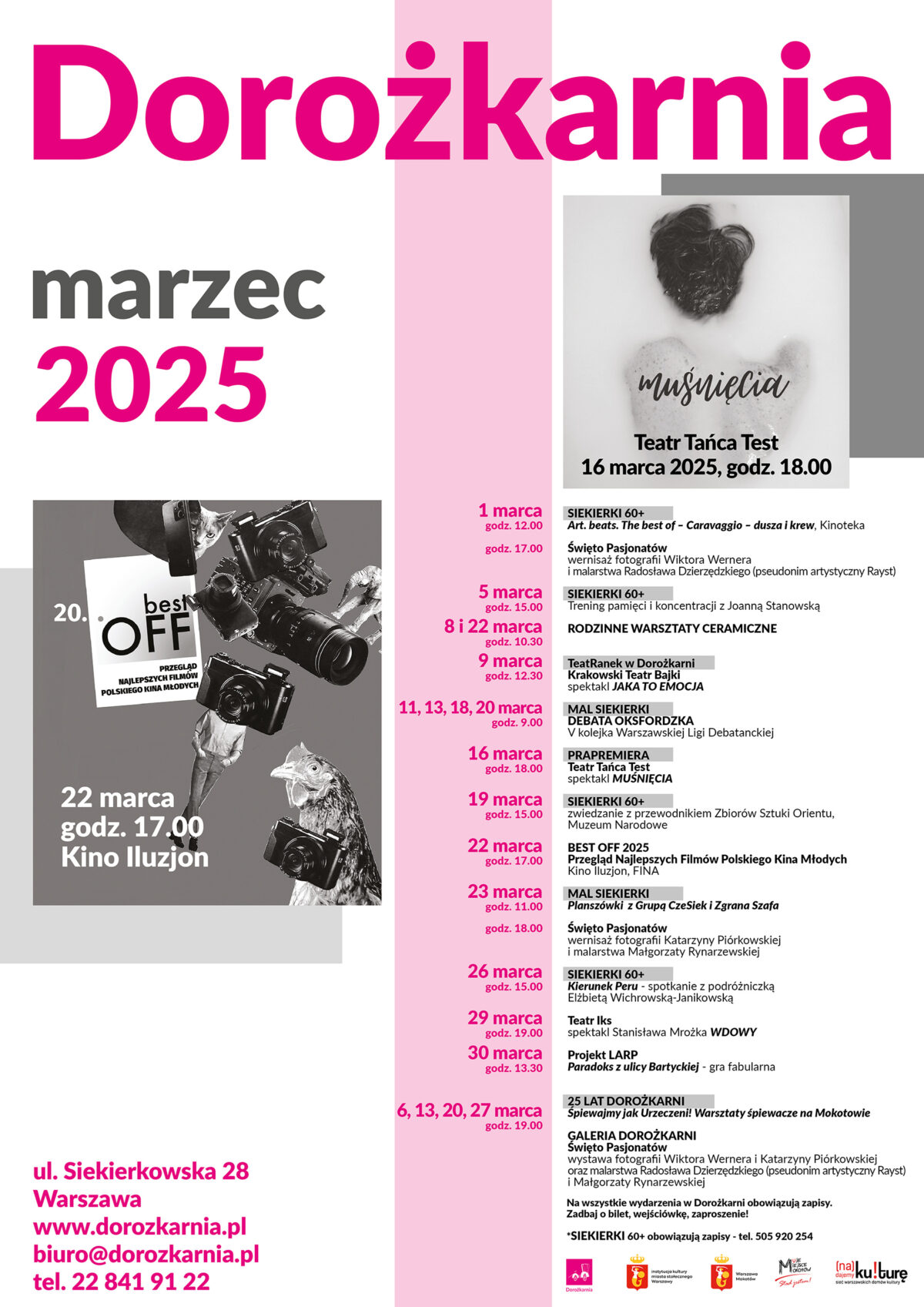 Plakat z repertuarem Domu Kultury Dorożkanria na marzec 2025