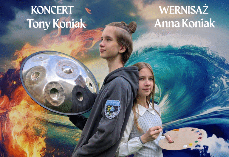 Chłopak i dziewczyna stoją plecami do siebie, on trzyma w prawej ręce instrument handpan, ona paletę malarską