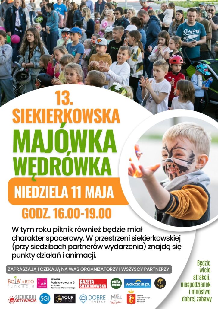 Plakat 13. Siekierkowskiej Majówki Wędrówki z informacjami o wydarzeniu i logotypami partnerów