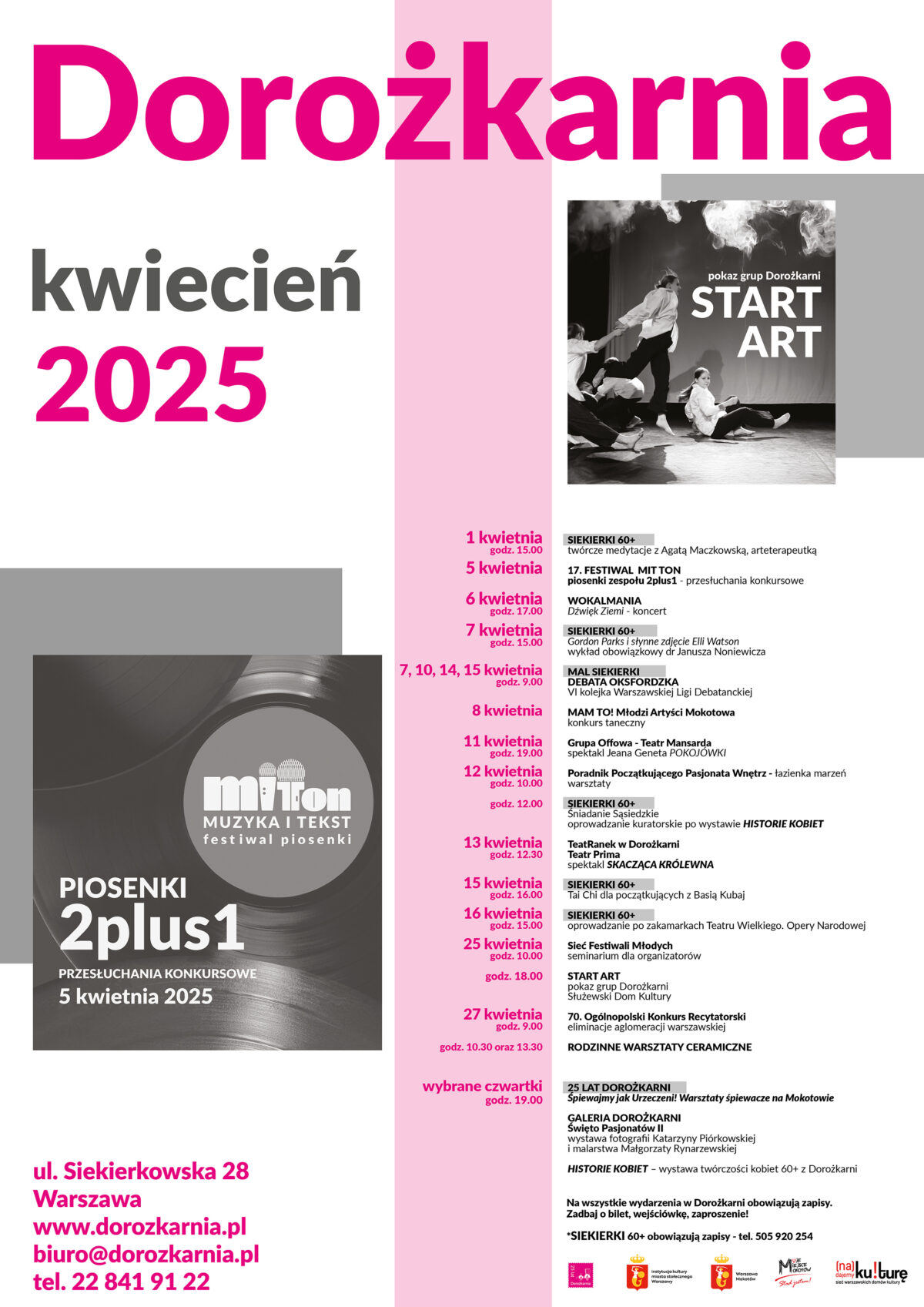 Plakat z repertuarem Domu mKultury Dorożkarnia na kwiecień 2025