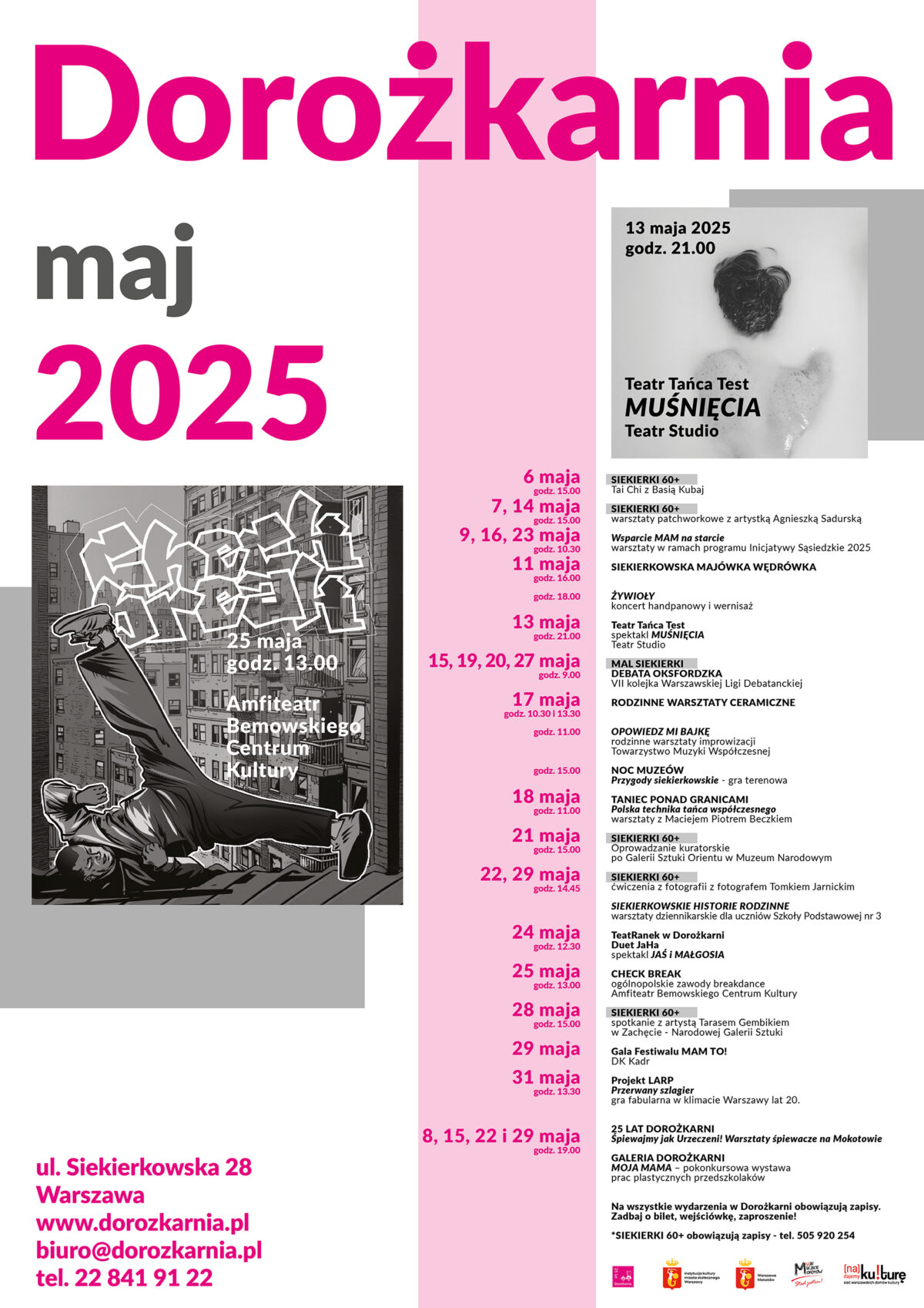 Plakat z repertuarem Domu Kultury Dorożkarnia na maj 2025