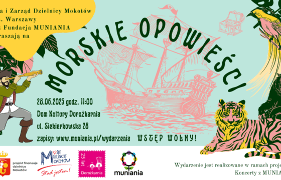 Afisz wydarzenia koncert pt. "Morskie opowieści" - jest duży statek, pirat, papuga i tygrys. Informacje o terminie i miejscu wydarzenia