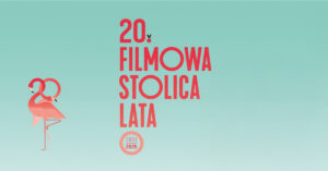 Grafika wydarzenia 20. Filmowa Stolica Lata - dwa pelikany ze splecionymi szyjami w kształcie liczby 20