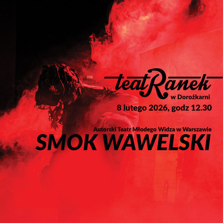 Dwukolorowa grafika gdzie z dymu wyłania się postać kukły smoka