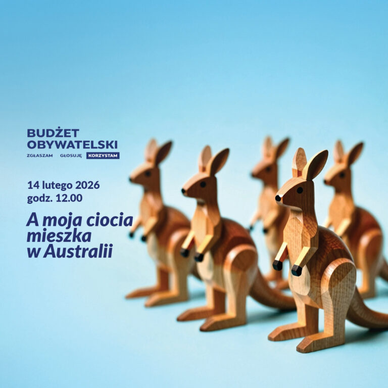 Grafika przedstawiająca stado wyrzeźbionych z drewna kangurów z napisem "A moja ciocia mieszka w Australii"