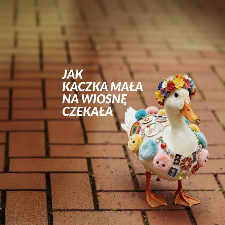 Grafika gdzie tło to bruk ułożony z kostek brukowych. W prawym dolnym rogu stoi kaczka z kolorowym wiankiem na głowie oraz ubrana w kolorowe i o różnej fakturze breloków tworzących rodzaj kamizelki