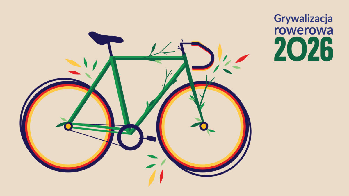 Grafika. Kolorowy rower z elementami roślin. Napis "Grywalizacja rowerowa 2026"