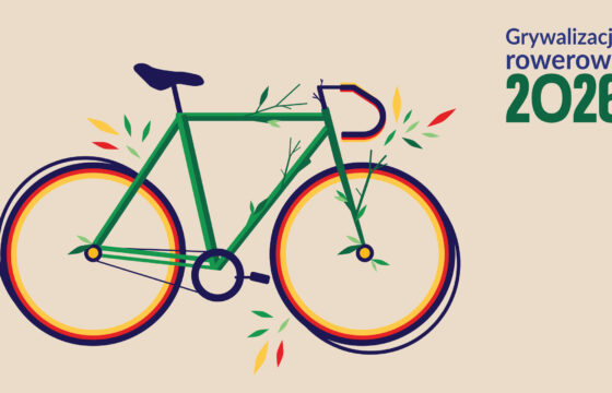 Grafika. Kolorowy rower z elementami roślin. Napis "Grywalizacja rowerowa 2026"