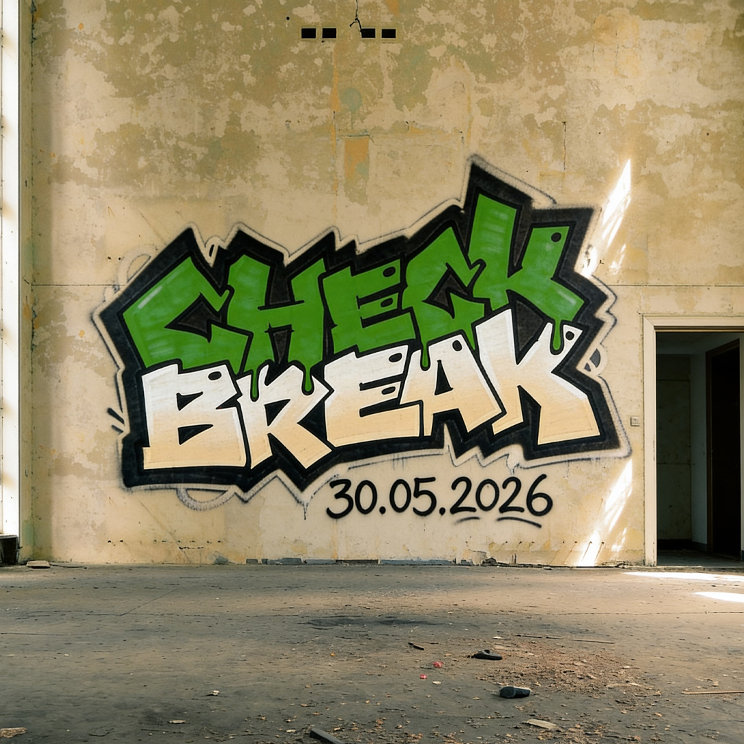 Grafika. Na tle starej ściany na zewnątrz napis "Check Break"