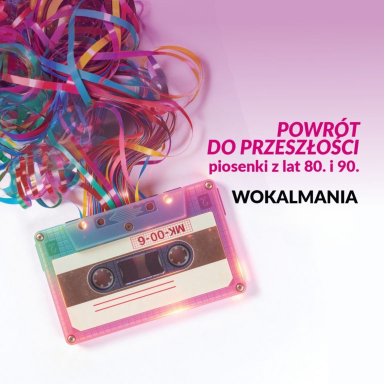 Grafika na bazie fotografii przedstawiająca kasetę magnetofonową z kolorową poplątaną taśmą magnetofonową. Napis Powrót do przeszłości piosenki z lat 80 i 90. Wokalmania