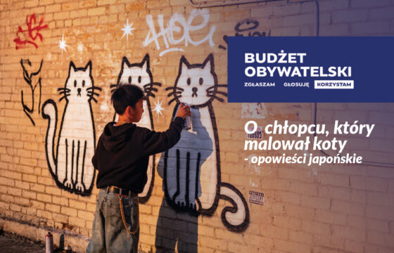 grafika przedstawiająca chłopca malującego koty na murze. Napis "O chłopcu, który malował koty - opowieści japońskie"