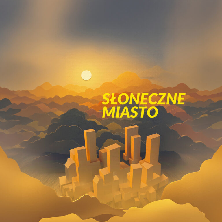 Grafika wieżowców w chmurach. Napis "Słoneczne miasto"