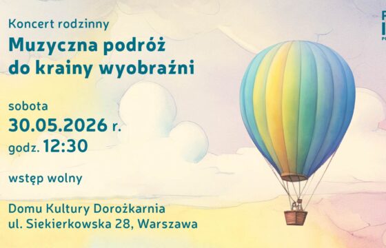 Grafika. Kolorowa i spokojna. Na tle nieba leci balon z koszem i pasażerami. Napis "Muzyczna podróż do krainy wyobraźni"