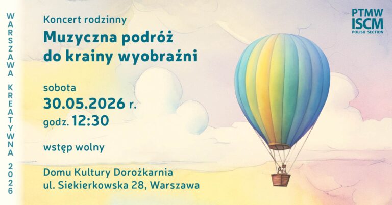 Grafika. Kolorowa i spokojna. Na tle nieba leci balon z koszem i pasażerami. Napis "Muzyczna podróż do krainy wyobraźni"