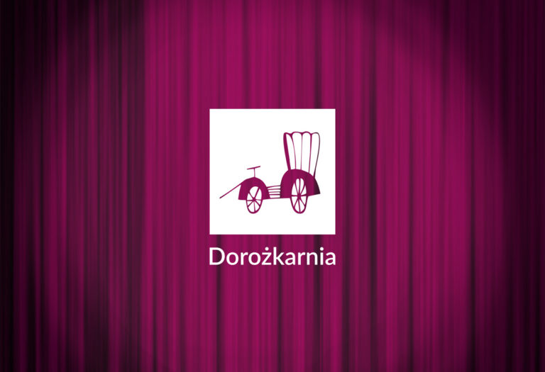 Grafika. Logo Dorożkarni na tle kotary.