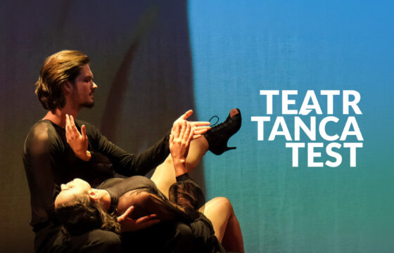 Fotografia pary tancerzy. Napis "Teatr Tańca TEST"