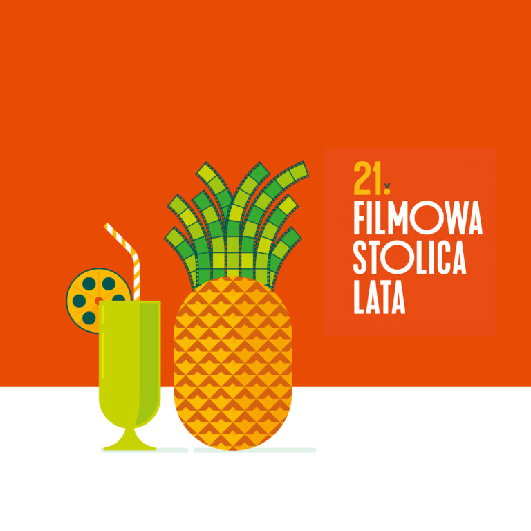 Grafika z ananasem i drinkiem. Napis "21. Filmowa Stolica Lata w Dorożkarni"