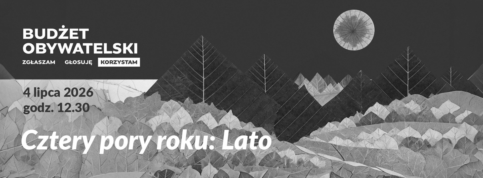 Grafika przedstawia krajobraz wyklejony z liści i roślin. Napis "Koncert Cztery pory roku. Lato"