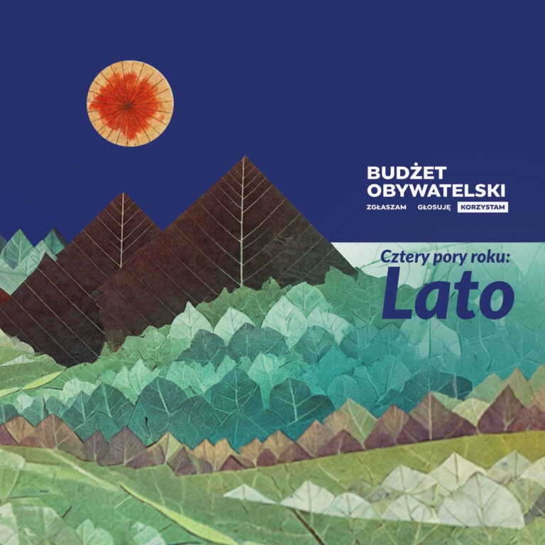 Grafika przedstawia krajobraz wyklejony z liści i roślin. Napis "Koncert Cztery pory roku. Lato"