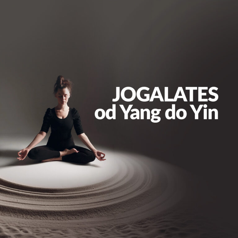 Zdjęcie medytującej kobiety. Napis "Jogalates: Od Yang do Yin""