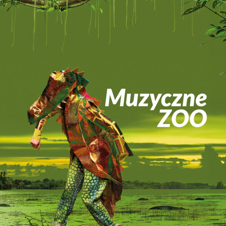 Zdjęcie. Aktor w przebraniu smoka, z tkaniny. Napis "Muzyczne ZOO".