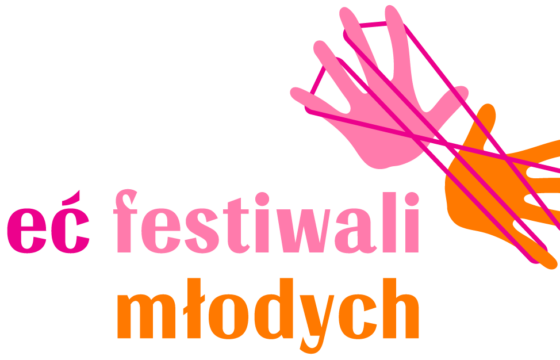 Logo, grafika. Dłonie splątane nicią. Napis "Sieć Festiwali Młodych"