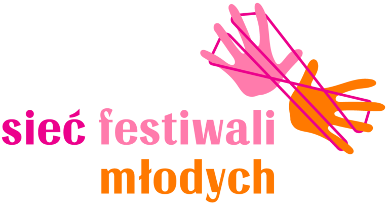 Logo, grafika. Dłonie splątane nicią. Napis "Sieć Festiwali Młodych"